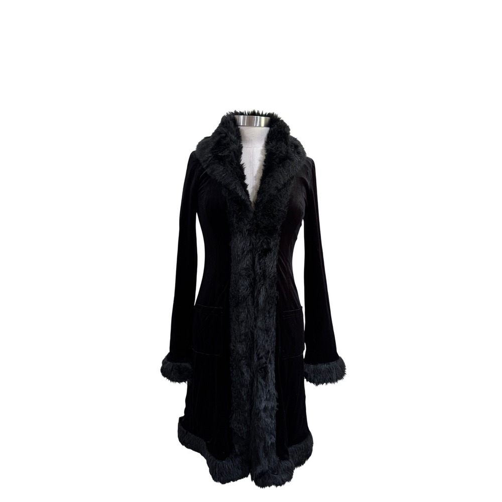 Betsey Johnson Vintage Goth Vamp Rose Embroidery Velvet Faux Fur Duster Coat S